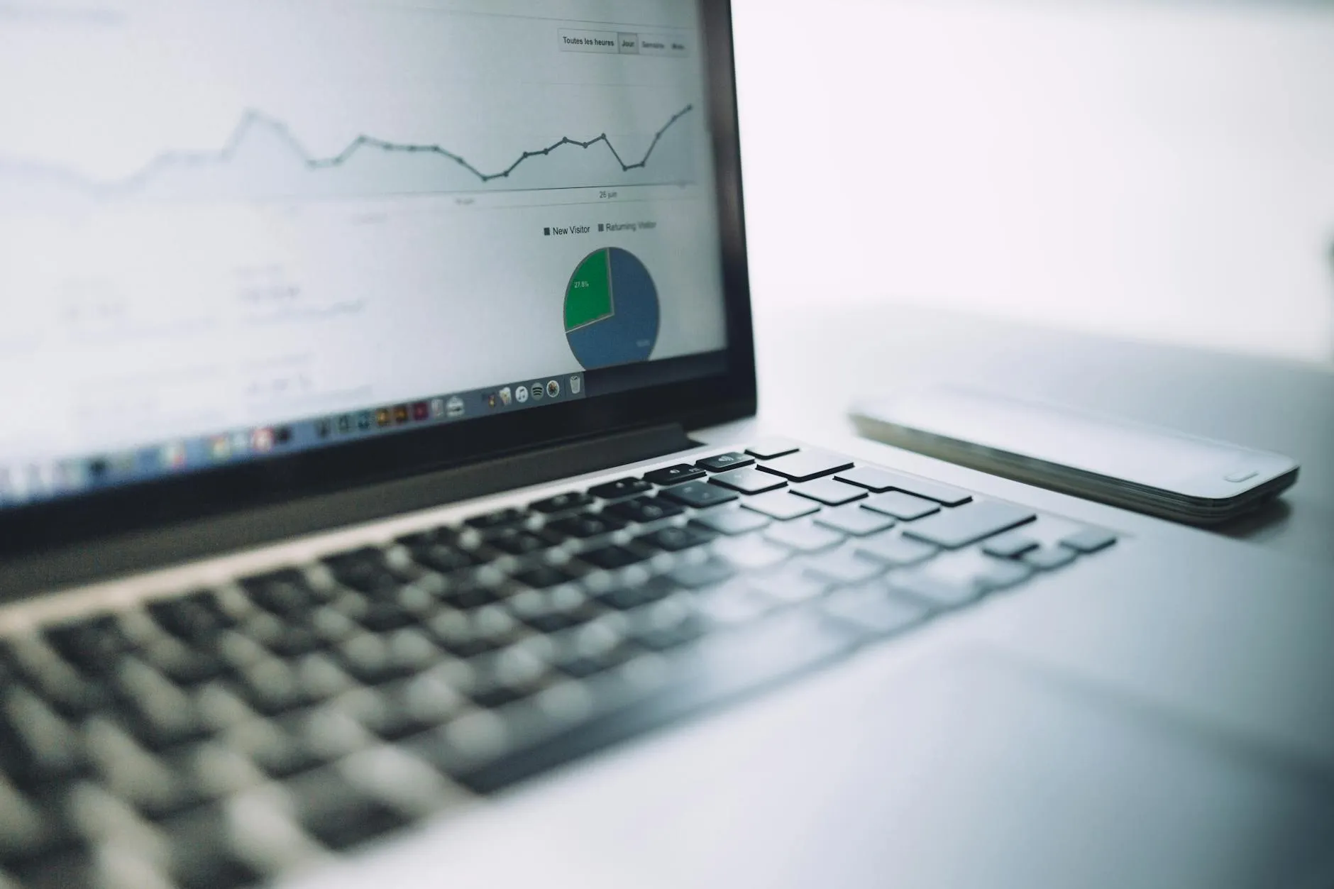 Laptop displaying an analytics dashboard with charts and graphs